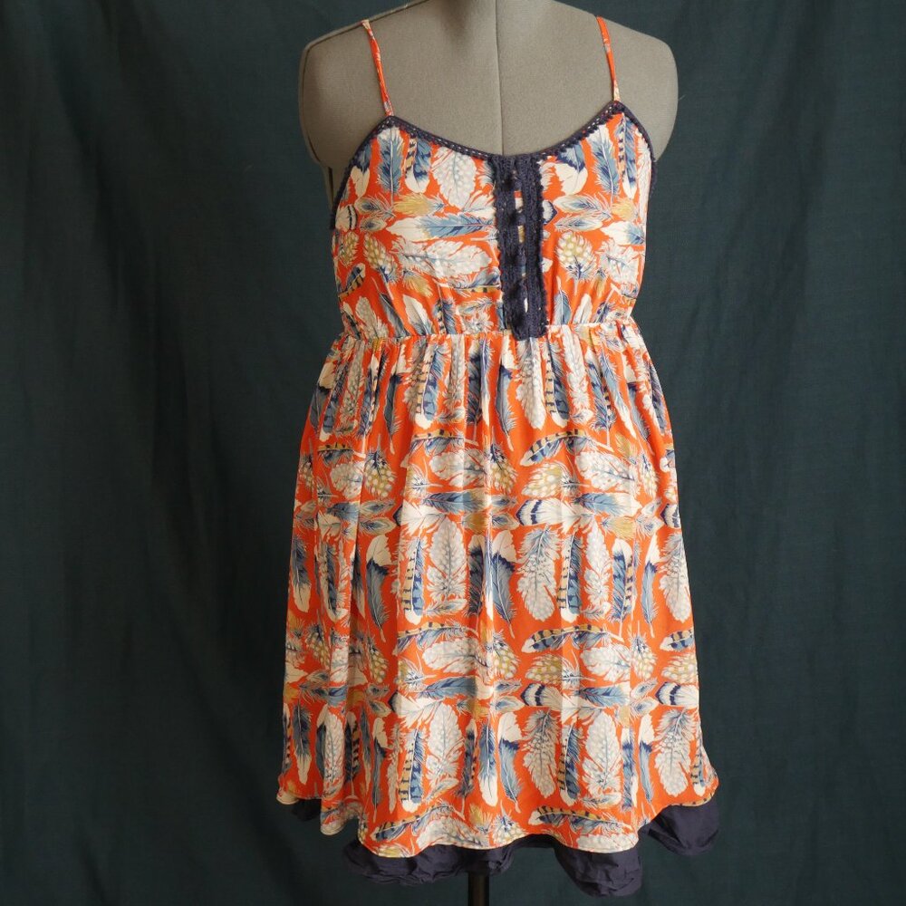 Feather print dress orange and blue